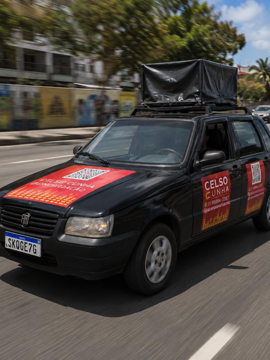 Fiat Uno adesivado da Celso Cunha rodando na avenida